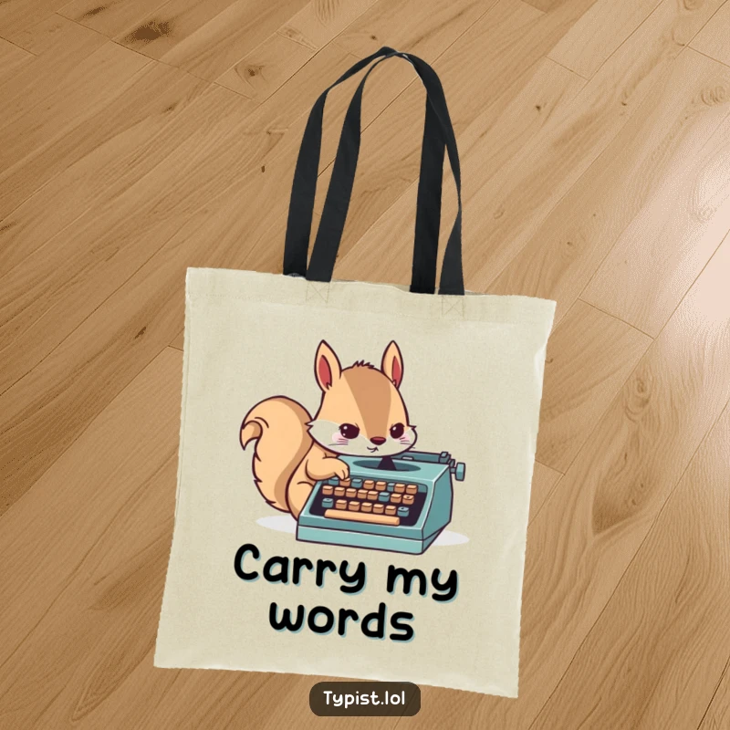 Funny tote bag with a determined squirrel character typing rapidly on a small typewriter, ideal for carrying work.