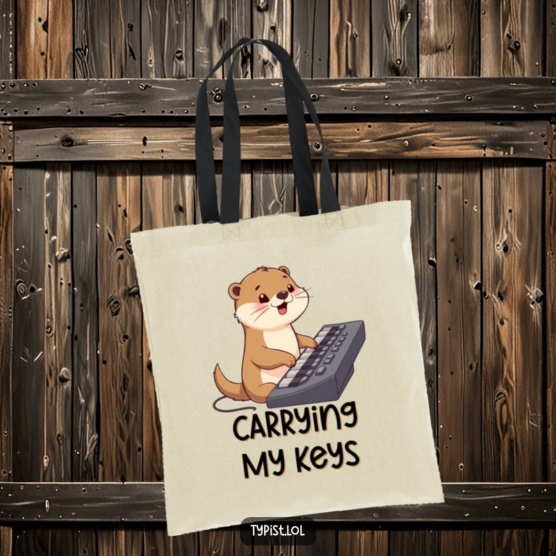 Funny tote bag with a happy otter character typing on a keyboard, ideal for carrying work essentials with humor.