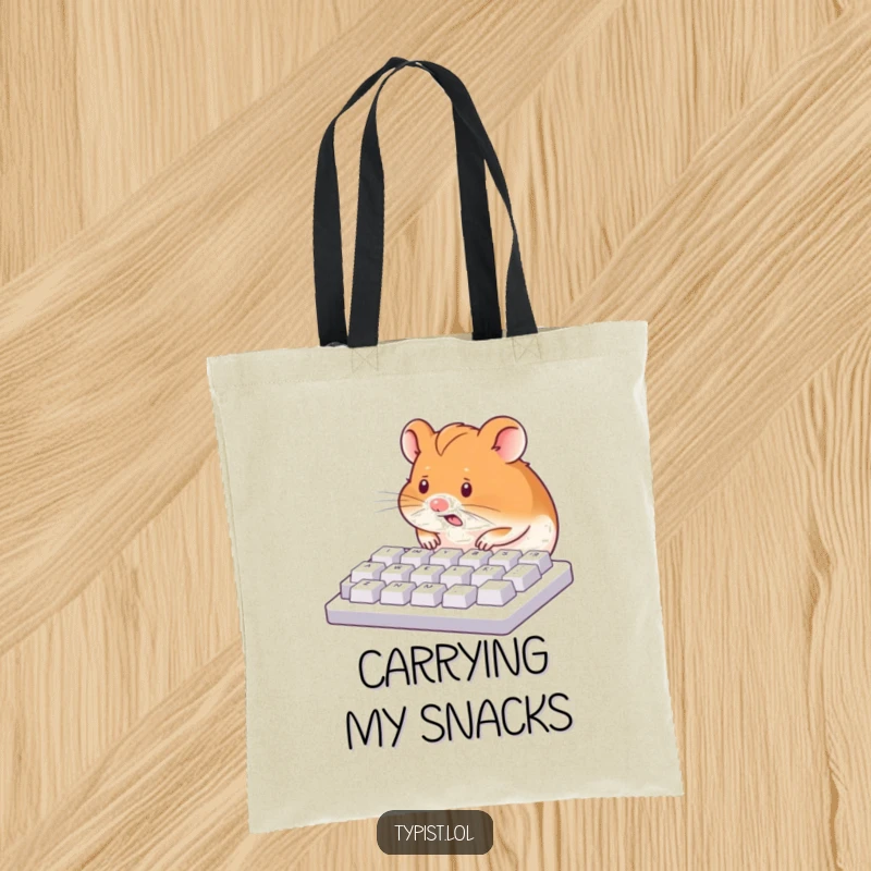 Funny tote bag featuring a hyperactive hamster relentlessly pecking a keyboard with its nose, illustrating organized chaos.