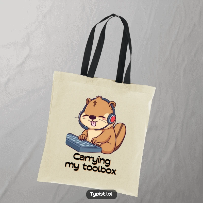 Funny tote bag with a busy beaver wearing a headset and typing on keys, ideal for carrying work items with a productive theme.