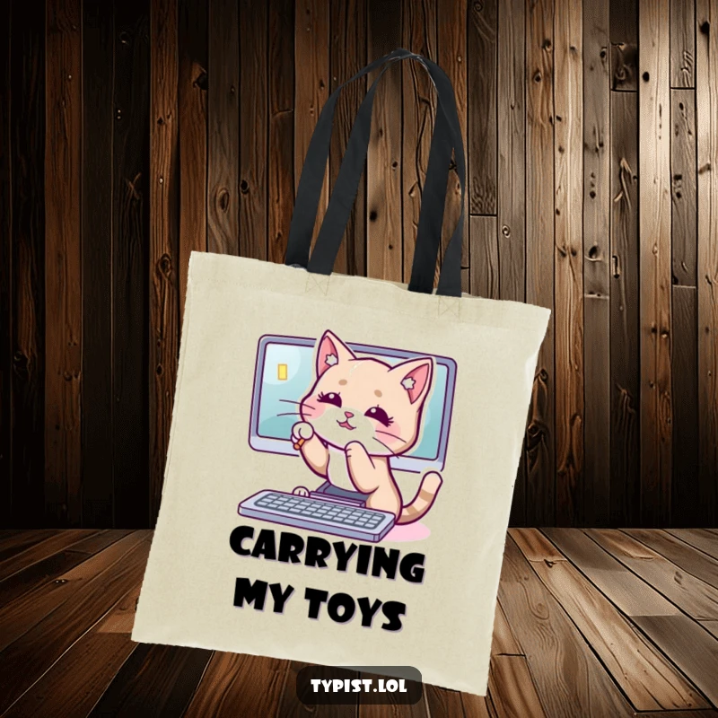 Funny cat cursor tote bag featuring a cat batting at a computer cursor, ideal for carrying daily items with humor.