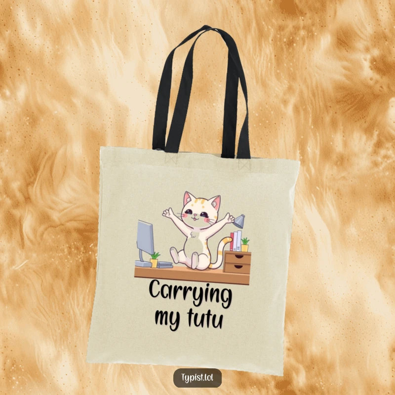 Funny ballet cat tote bag with a playful cat doing ballet moves at a desk, perfect for carrying your funny essentials.