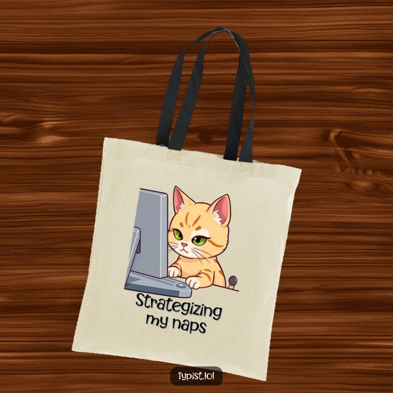 Funny tote bag with a cat intently staring at a computer screen with one eye, symbolizing sharp focus and curiosity.