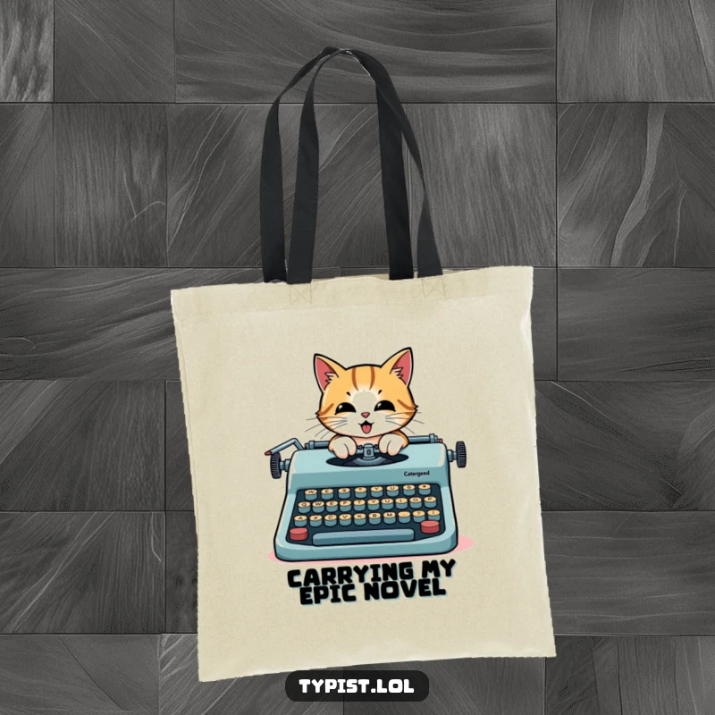 Funny cat tote bag, a determined cat typing on a giant typewriter with oversized keys, ready for literary adventures.