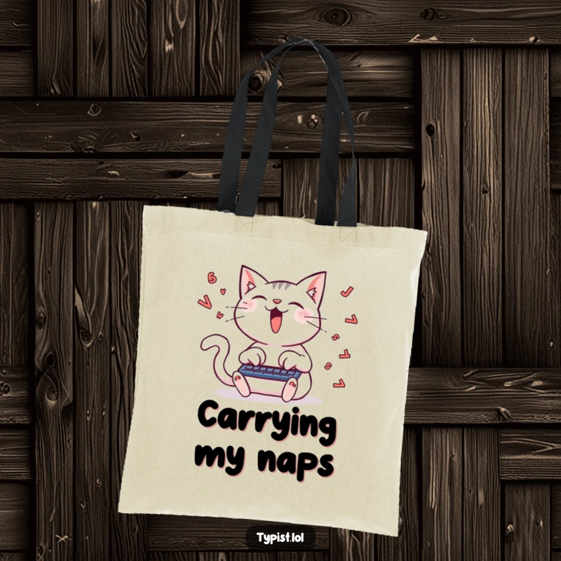 Funny tote bag featuring a delighted cat typing furiously, with a trail of letters flying, a humorous accessory for writers.