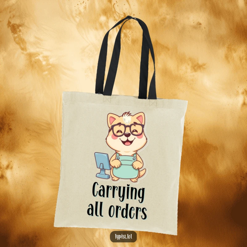 Funny tote bag with a smart-looking dog in glasses and an apron typing computer commands, symbolizing organized tech.