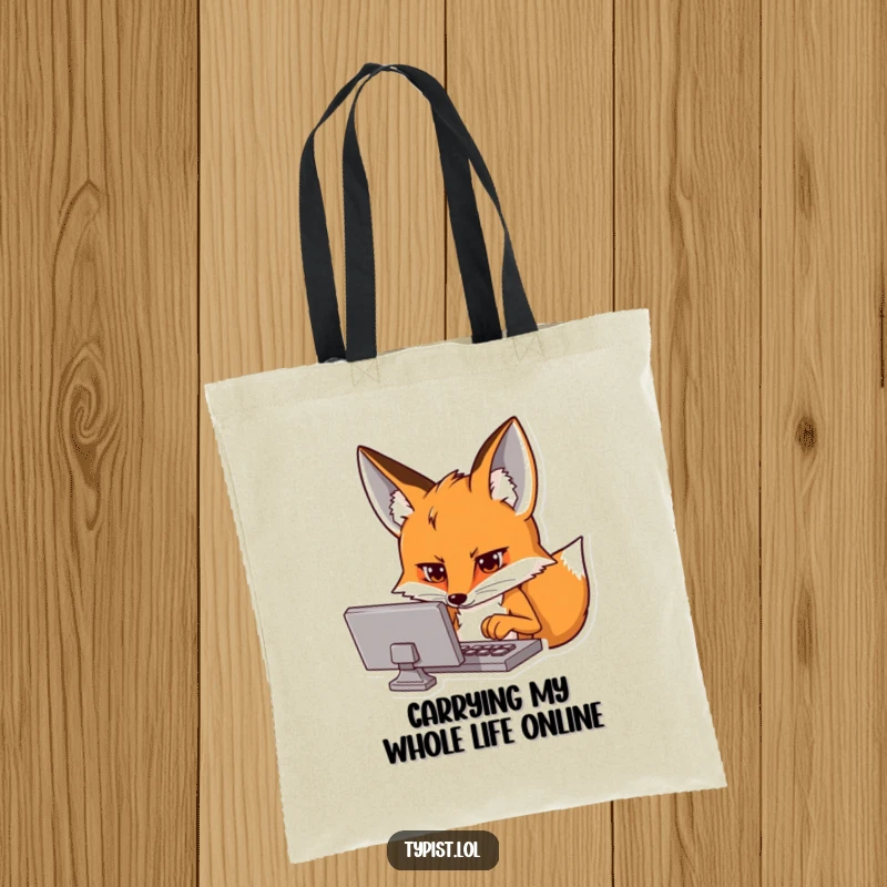 Funny tote bag with a curious fox intensely focused on a screen, typing hands moving, great for tech gear.