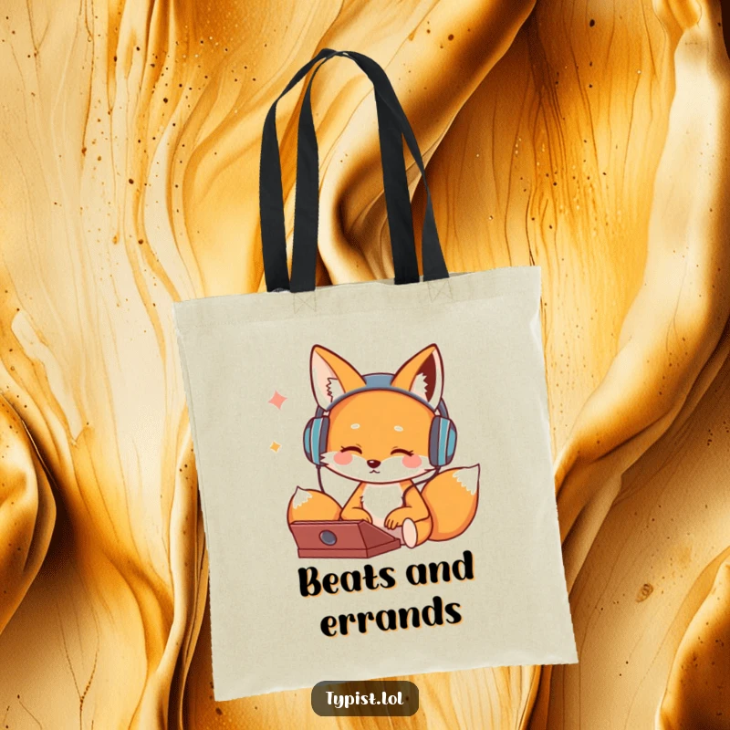 Funny tote bag with a cute fox wearing headphones and bopping its head while typing, ideal for carrying music and essentials.