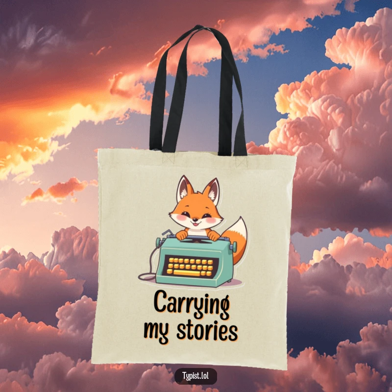 Funny Fox Typist Tote Bag: A proud fox briskly types on a vintage typewriter, highlighting speed, a practical and funny gift for readers.