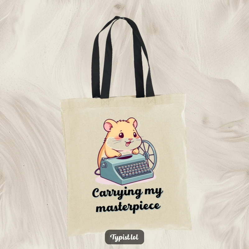 Funny Hamster Tote Bag: A determined hamster spins its wheel connected to a typewriter, perfect for carrying creative tools with humor.