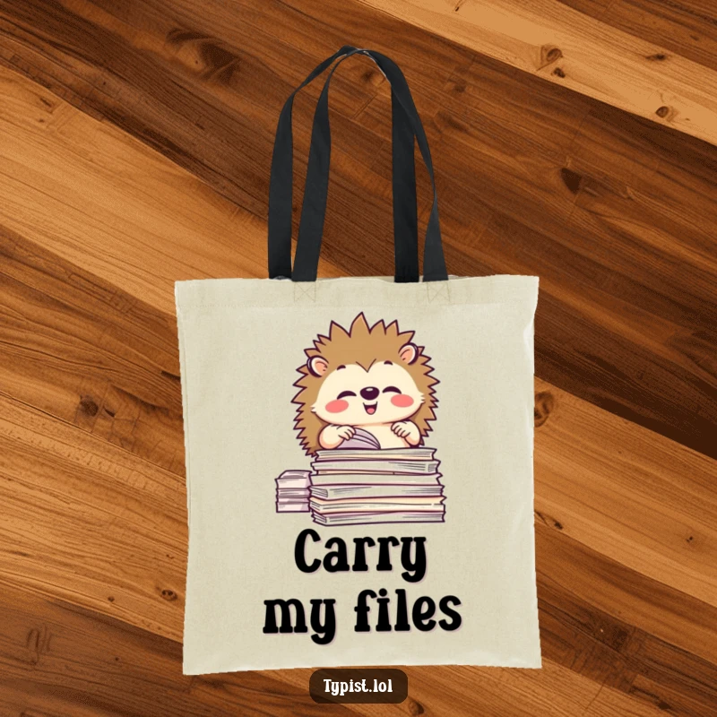 Funny tote bag with a happy hedgehog character meticulously organizing neat stacks of paper, ideal for everyday use.
