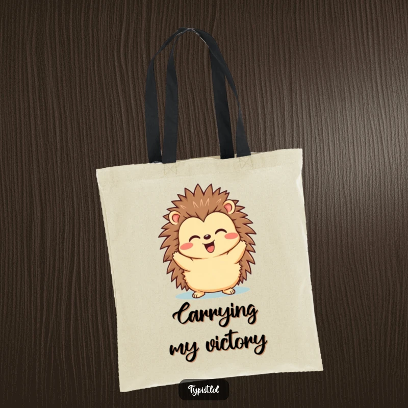 Funny tote bag with a happy hedgehog showing triumph after hitting send, great for everyday use.