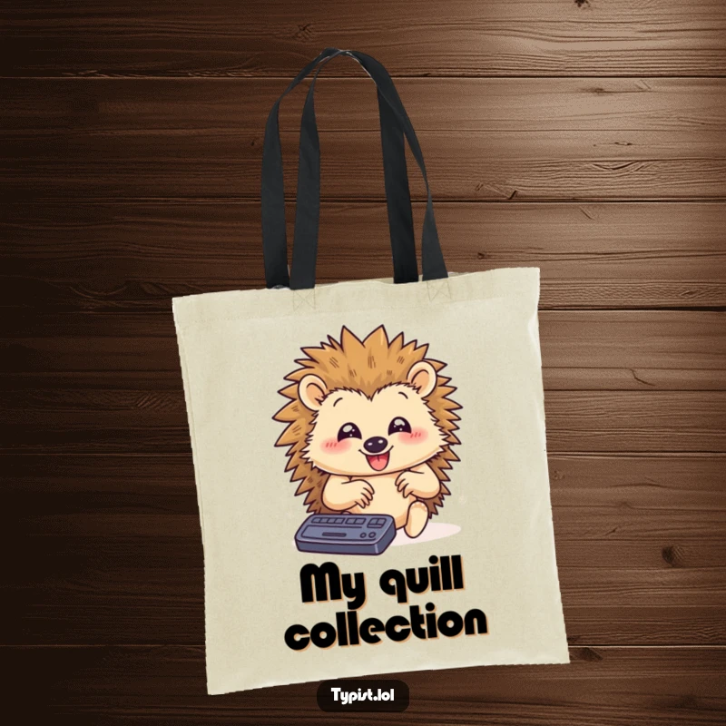 Funny tote bag with a happy hedgehog typing rapidly, paws flying, perfect for carrying items with a humorous and speedy flair.