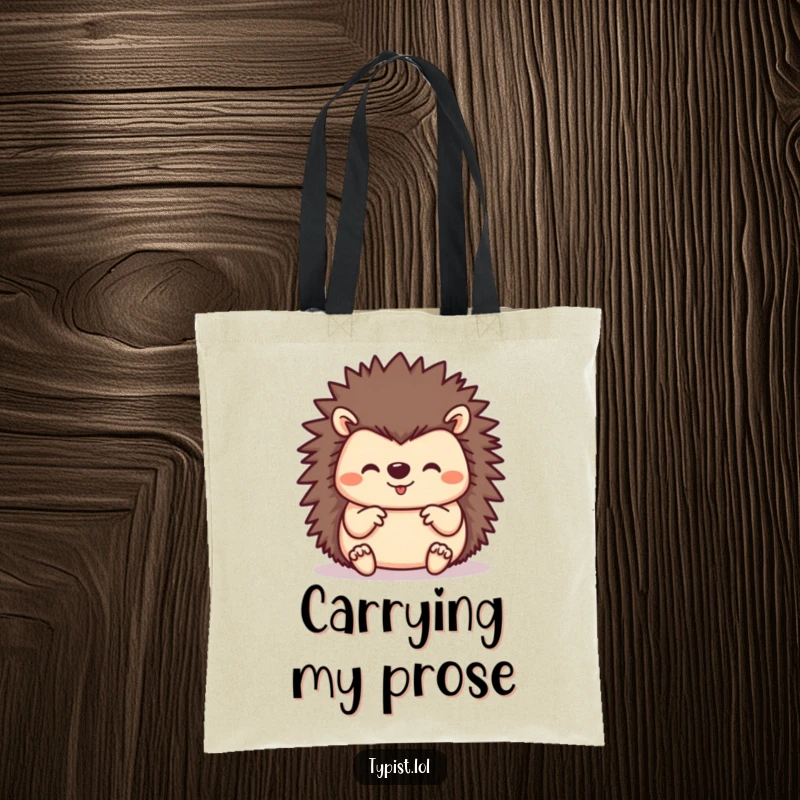 Funny hedgehog using all its paws to type, perfect for carrying essentials with a busy and humorous touch.