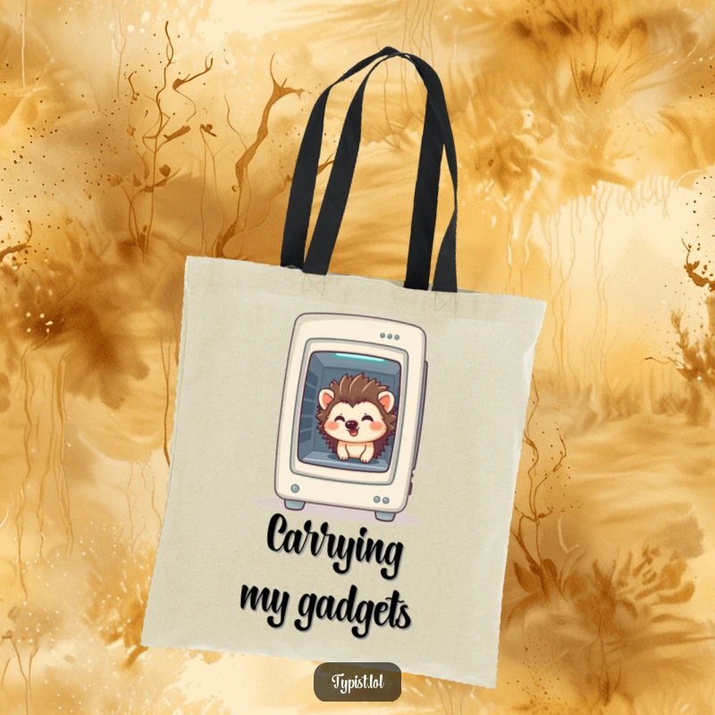 Funny Hedgehog Tote Bag: A giggling hedgehog peeks from a PC tower, a humorous and practical funny gift for techies.