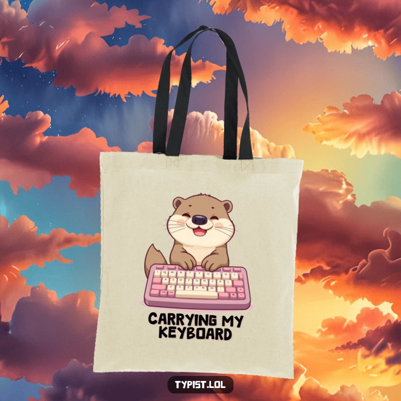 Funny tote bag with a happy otter typing furiously on a giant keyboard, perfect for carrying work or school essentials.