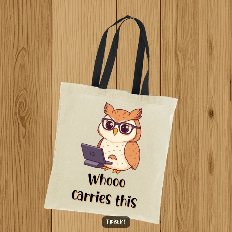 Funny tote bag showing a proud owl wearing spectacles, typing with dignified concentration, perfect for carrying intellectual pursuits.