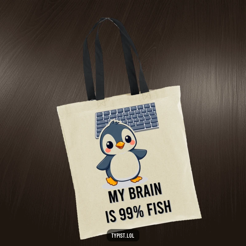 Funny penguin tote bag with a cheerful penguin excitedly waddling towards a computer keyboard, ready to type.