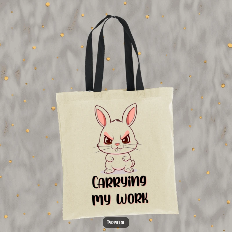 Funny tote bag with a determined rabbit furiously typing, ideal for carrying work essentials and conveying humorous drive.