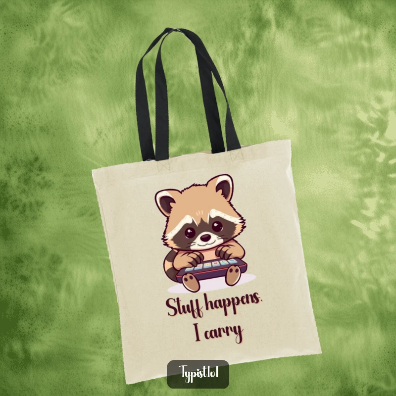 Funny raccoon tote bag depicting a busy raccoon typing with multiple paws, perfect for carrying items with a humorous touch.