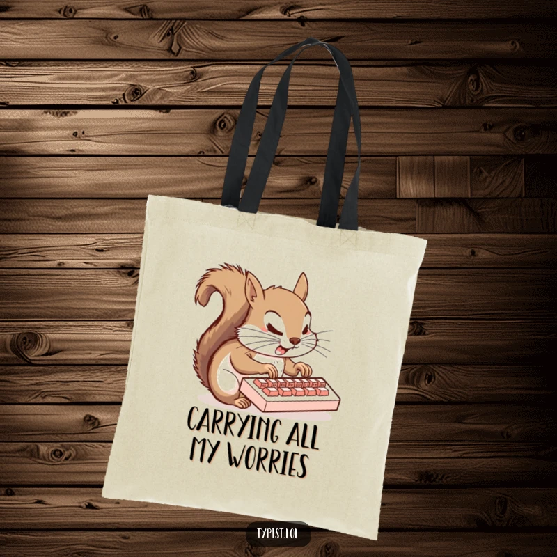 Funny squirrel tote bag illustrating a squirrel frantically typing on a tiny keyboard, ideal for carrying groceries or work items.