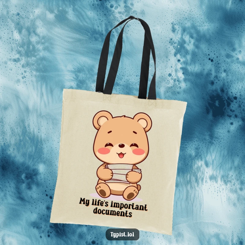 Funny Bear Tote Bag: A smiling bear character carries a stack of papers, ideal for hauling essentials with a humorous and happy touch.