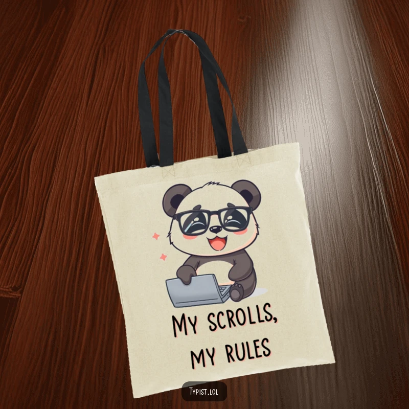 Funny panda with glasses typing joyfully, perfect for carrying books or essentials with a scholarly and humorous touch.
