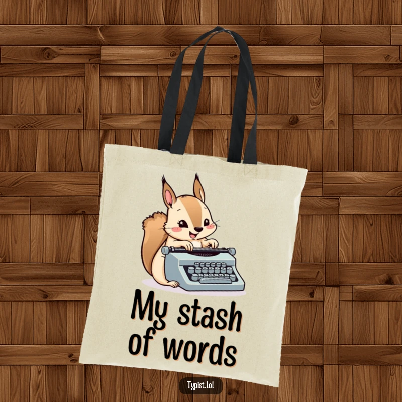 Funny Squirrel Typewriter Tote Bag: A happy squirrel types quickly on a miniature typewriter. Practical and humorous bag.