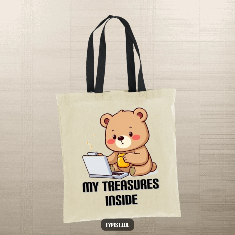 Funny bear typing tote bag with a bear focused on typing, one paw on the keyboard, honey jar in the other.